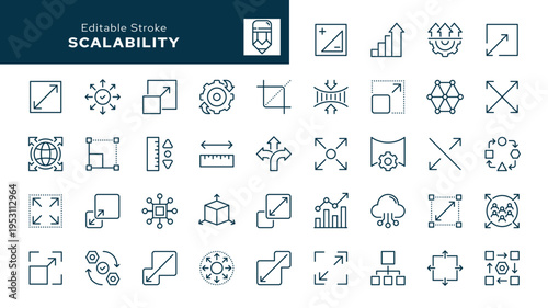 Scalability. Set of outline icons. Scale, scalable resize, scaling, stretch, expand, expansion, elasticity, scalling, adaptability, efficiency and more. Line icon in linear style. Vector collection