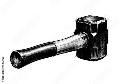 Sketch of a heavy-duty sledgehammer with a textured handle and faceted head