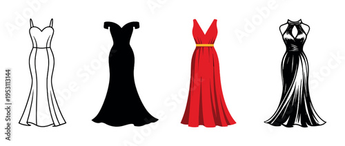 Four evening dresses with a red gown highlighted on dark backdrop