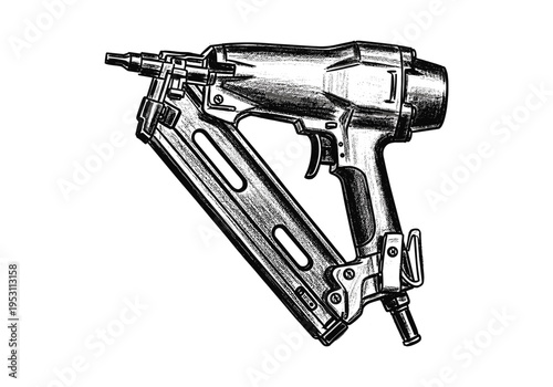 Detailed illustration of a pneumatic nail gun with a loaded magazine, ready for use