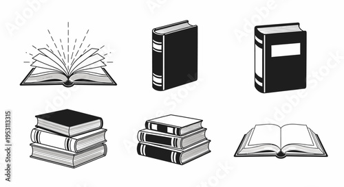 minimalist black and white vector book icons depicting open closed and stacked books symbolizing education knowledge and literature concepts for design.