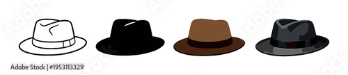 Fedora hats displayed in a row on dark gradient background