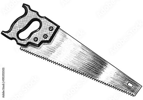 Vintage hand saw with a textured handle and sharp teeth, isolated on white background