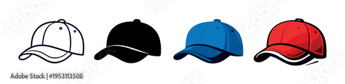 Four baseball caps in varying colors on dark backdrop