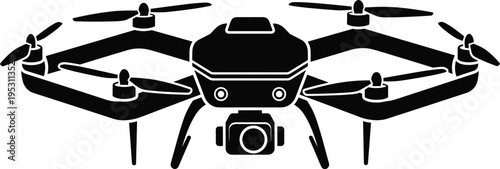 Modern quadcopter drone illustration with camera and landing gear, black and white stylized design for aerial photography, videography, technology, surveillance, and recreational flying concepts.