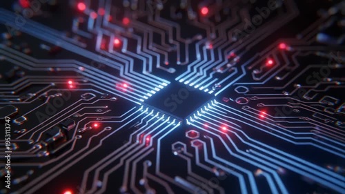 Intricate digital pathways illuminated on a microchip, symbolizing advanced computing, data flow, and the future of artificial intelligence infrastructure