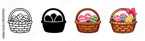 Easter basket icons with decorated eggs on gray gradient background