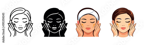 Woman massaging face with upward strokes in spa icons on grey backdrop