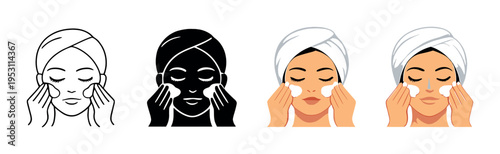 Woman applying facial cream with fingers in spa icons on grey background