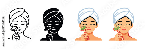 Woman using facial roller for skin care in spa icons on grey background
