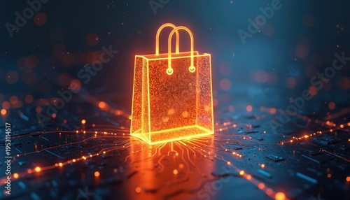 Glowing shopping bag visualizes digital commerce. Futuristic online retail interface with abstract data streams, circuit board connections. Represents virtual marketplace innovation, e-commerce