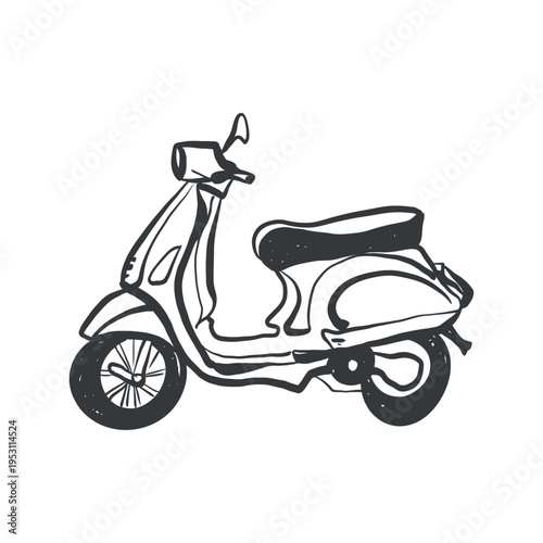 Vector linear illustration of a moped, Vespa, or scooter in black. Outline clip art of a moped on a white background. Italian Vespa