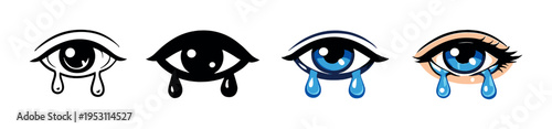 Row of stylized crying eyes with varied color and detail on dark background