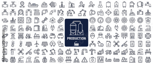 Industrial production and manufacturing process line icons collection
