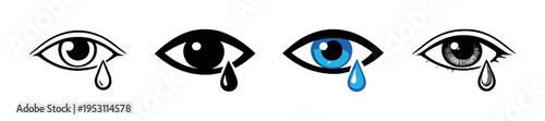 Four stylized eyes with single tears on dark gradient backdrop