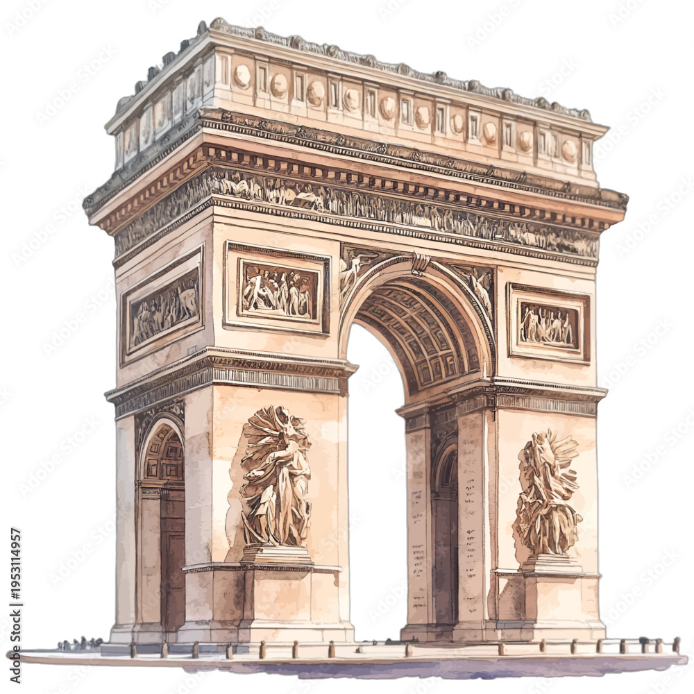 Obraz premium Arc de Triomphe Paris France Watercolor Illustration, Famous French Landmark and Gothic Architecture Clipart on White Background