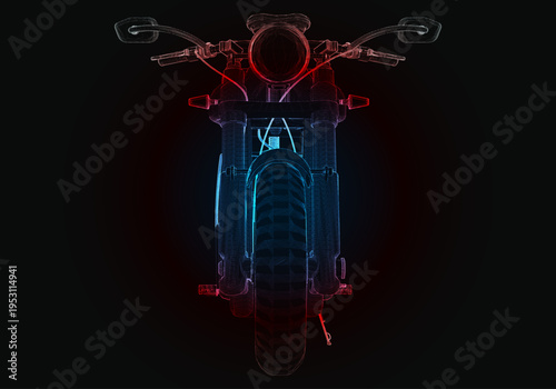 A motorcycle sits in front of a black background, its design outlined in red and blue neon lights. The focus is on the structure and wheels of the motorcycle, showcasing its form.