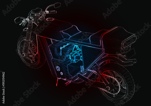 A motorcycle sits in front of a black background, its design outlined in red and blue neon lights. The focus is on the structure and wheels of the motorcycle, showcasing its form.