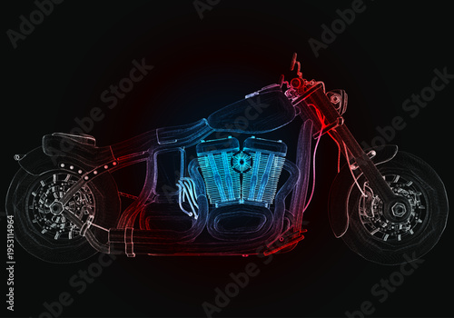 A motorcycle sits in front of a black background, its design outlined in red and blue neon lights. The focus is on the structure and wheels of the motorcycle, showcasing its form.