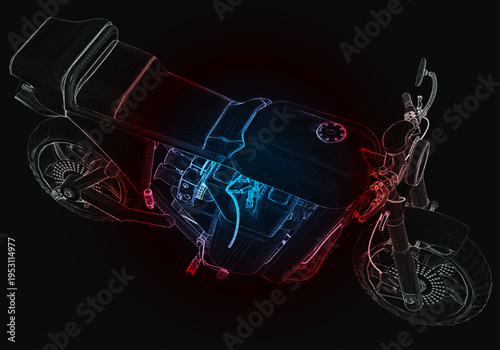 A motorcycle sits in front of a black background, its design outlined in red and blue neon lights. The focus is on the structure and wheels of the motorcycle, showcasing its form.