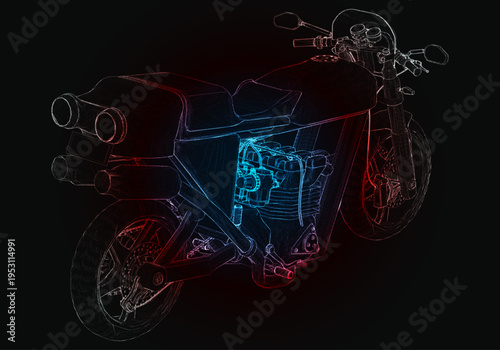 A motorcycle sits in front of a black background, its design outlined in red and blue neon lights. The focus is on the structure and wheels of the motorcycle, showcasing its form.