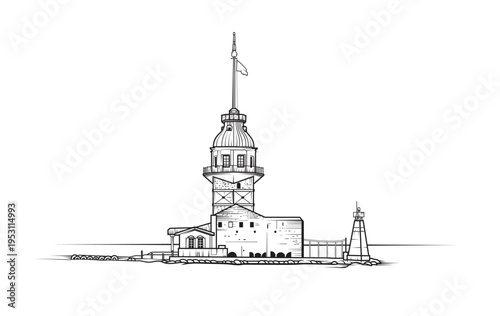 Line art vector illustration of Maiden's Tower in Istanbul, Turkey.