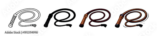 Coiled whip icons in different styles on gray gradient background
