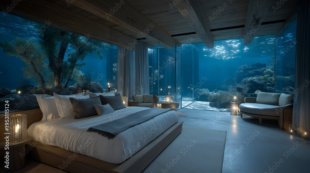 Fototapeta premium Underwater luxury hotel suite with transparent acrylic walls revealing coral reef ecosystem, king bed facing marine life, bioluminescent plankton creating natural nightlight ambiance, ideal for