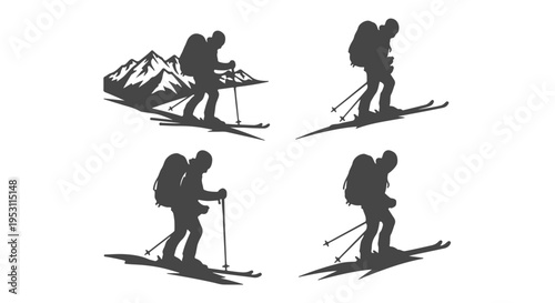 Silhouette of skiers in various poses
