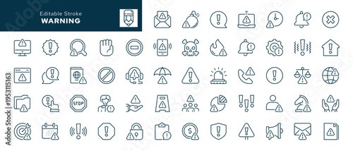 Warning. Set of outline icons. Warning exclamation mark, attention, danger, notice, stop, risk and more. Line icon in linear style. Vector collection