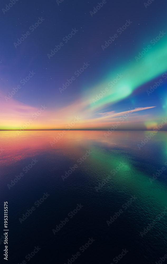 Fototapeta premium Northern Lights Aurora Over Calm Sea at Sunset With Colorful Sky and Reflection — 3D Rendering