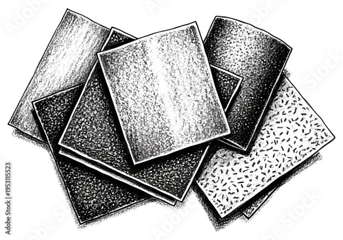 Hand-drawn illustration of stacked textured squares with stippling and hatching techniques