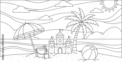A black and white line drawing of a beach scene with a castle palm tree and umbrella isolated on transparent background