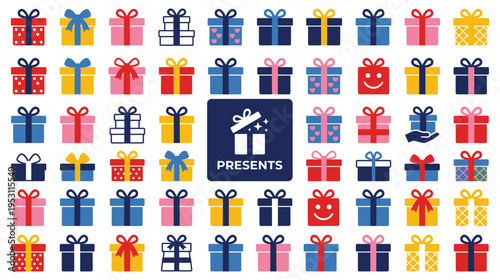 Colorful gift box icons set for holiday celebration and surprise