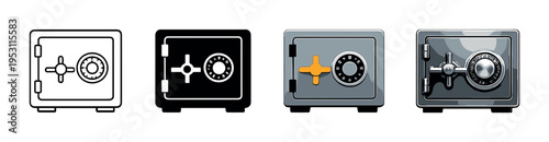 Four safes arranged in row with orange handle detail on background