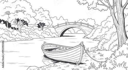 A serene black and white illustration of a small boat on a river isolated on transparent background