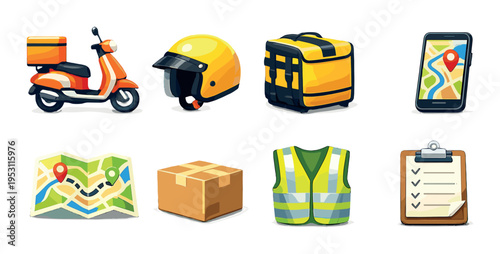 Delivery scooter and gear icons arranged on dark backdrop