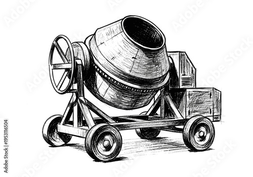 Sketch of a portable cement mixer on wheels, ready for construction work