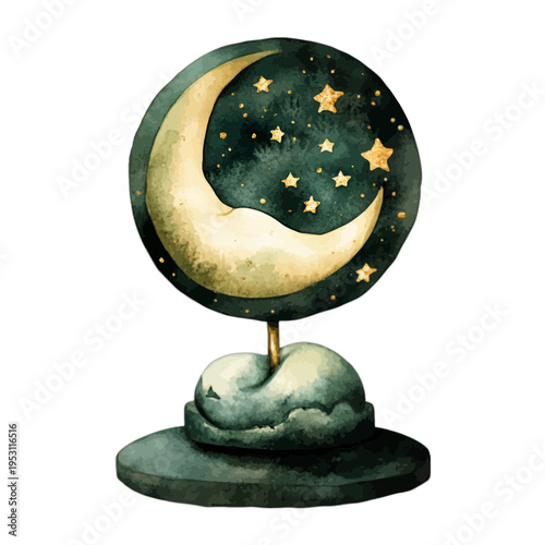 Watercolor celestial moon and stars sculpture on a decorative base
