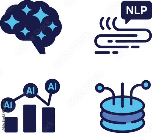 Natural language processing and ai communication icon set with chatbot voice recognition and data systems for modern technology platforms and smart automation solutions