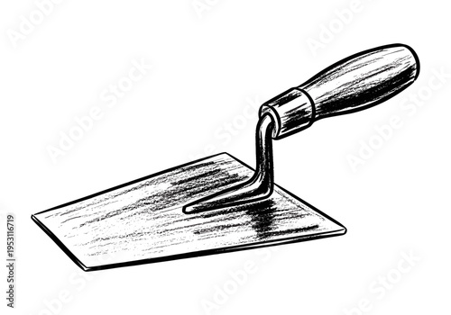 Handheld masonry trowel with wooden handle, black and white sketch illustration
