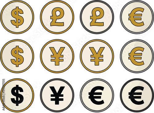 Currency coin icons set with dollar euro yen pound symbols for finance banking business investment and global economy design graphics collection