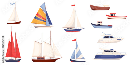 Collection design elements of ship, sailboat, frigate, yacht and other marine vessels. Water transport set for leisure, sport and hobby themes such as sailing and yachting Vector illustration isolated