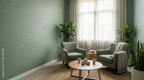 Cozy counseling room interior with armchair and potted indoor plant in sage green tones. Calm environment for psychotherapy session. Comfortable space for mental health and relaxation.