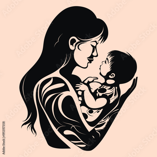 A stunning caucasian mother and her baby, the mother is nursing the baby in her arms closely against her large pectorals