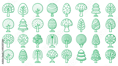 Set of trees related icon line style vector. nature and plant sign collection