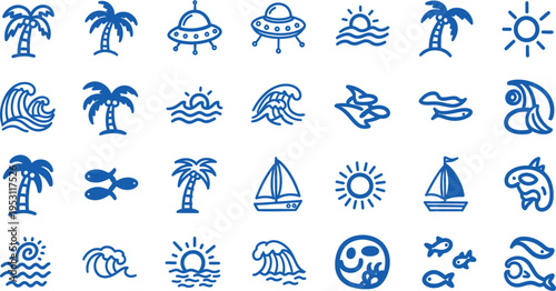A collection of 25 blue beach and summer themed icons in various styles and designs on a white background