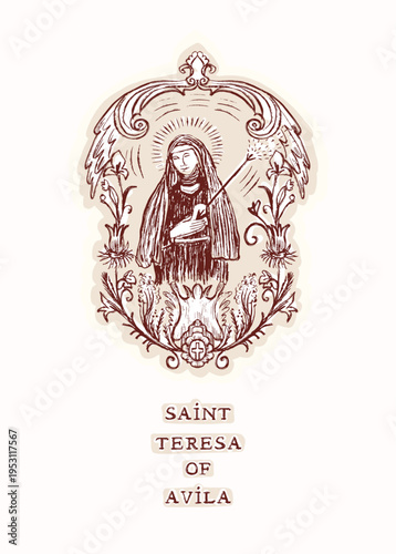 Beautiful hand drawn Saint Teresa of Avila with arrow piercing heart frame illustration. Isolated flat vector christian greetings print design. Devotional prayer card, catholic pilgrimage blessing