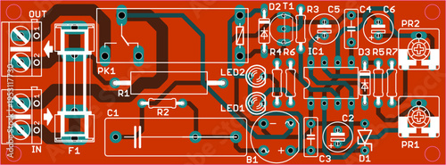 Vector printed circuit board of electronic device with components of radio elements, conductors and contact pads placed on pcb. Engineering technical educational drawing. Computer technic cad design.