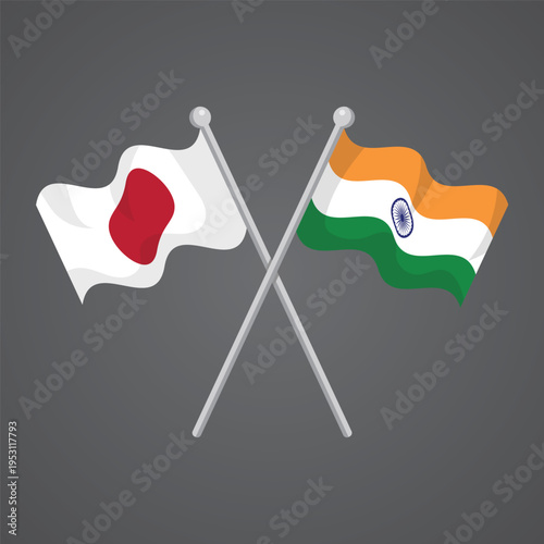 Crossed Japan and India flags on silver poles representing strategic diplomatic friendship and international economic cooperation